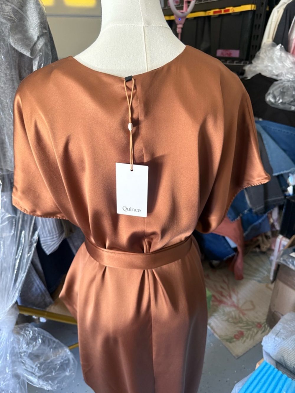 Quince Satin V-Neck Dress in Copper - Picture 3 of 6